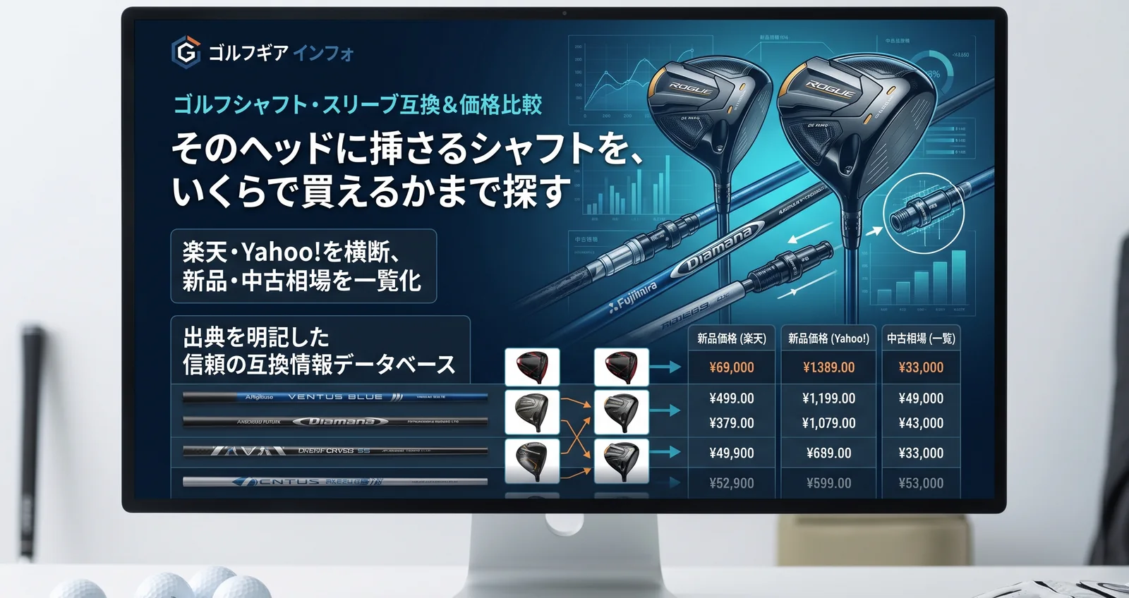 ゴルフシャフトのスリーブ互換と価格比較。ヘッドに挿さるシャフトと、楽天市場・Yahoo!ショッピングの価格・中古相場を一覧で表示する画面イメージ